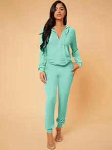 SHEIN SXY Zip Up Drawstring Hooded Velvet Jacket & Sweatpants - Mint Green - View 6
