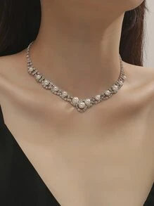 鑽石和人造珍珠裝飾項鍊 - 銀色 - 查看 1