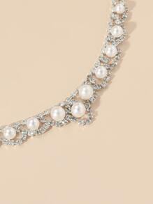 鑽石和人造珍珠裝飾項鍊 - 銀色 - 查看 2