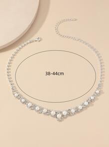 鑽石和人造珍珠裝飾項鍊 - 銀色 - 查看 3