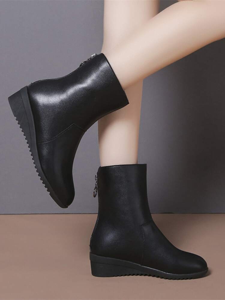Zip Back Wedge Boots - Black - View 2