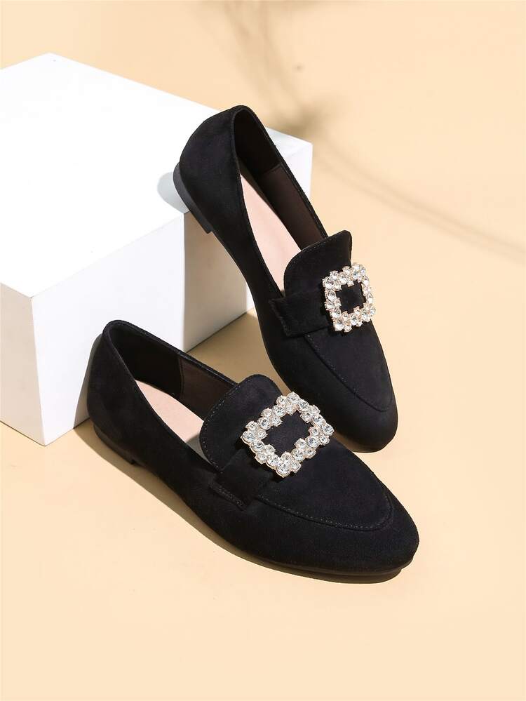 Rhinestone Decor Faux Suede Flat Loafers - Black - View 4