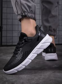 Men Patch Detail Lace-up Front Running Shoes - Black - View 1
