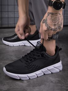 Men Patch Detail Lace-up Front Running Shoes - Black - View 5
