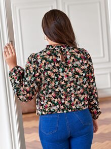 SHEIN Frenchy Plus Allover Floral Print Frill Neck Blouse - Black - View 6