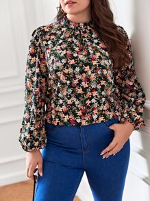 SHEIN Frenchy Plus Allover Floral Print Frill Neck Blouse - Black - View 1