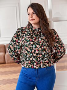 SHEIN Frenchy Plus Allover Floral Print Frill Neck Blouse - Black - View 8