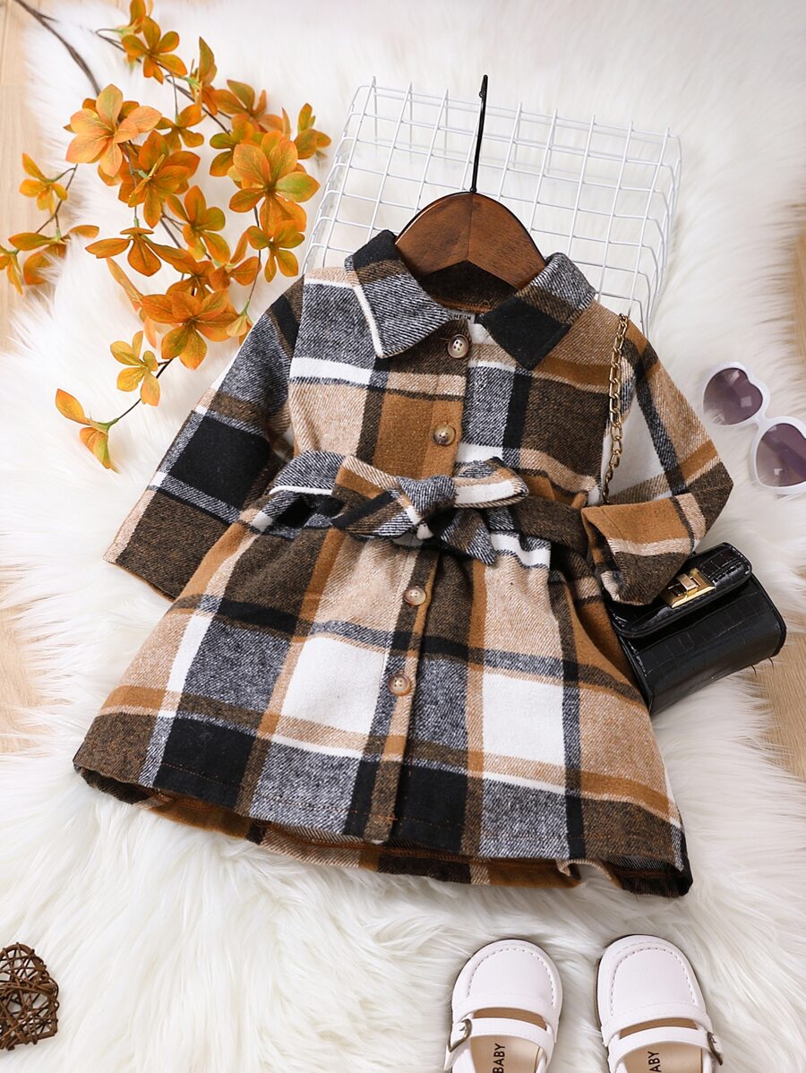 Baby Girl Plaid Print Belted Coat - Multicolor - View 1