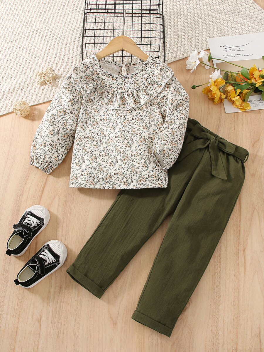 Toddler Girls Floral Print Ruffle Trim Blouse & Belted Trousers - Multicolor - View 1