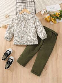 Toddler Girls Floral Print Ruffle Trim Blouse & Belted Trousers - Multicolor - View 2
