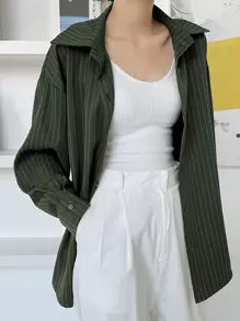 DAZY Women's Loose Striped Casual/School Shirt,Fall Women Clothes Long Sleeve Top - Army Green - View 2