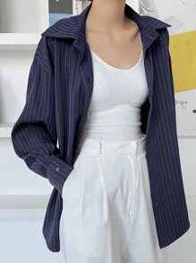 DAZY 女式宽松条纹休闲/校园衬衫学院风上衣，秋季女装长袖上衣 - 藏蓝色 - 查看 2