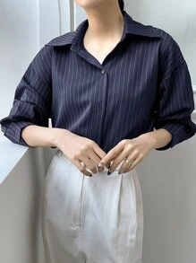 DAZY 女式宽松条纹休闲/校园衬衫学院风上衣，秋季女装长袖上衣 - 藏蓝色 - 查看 5