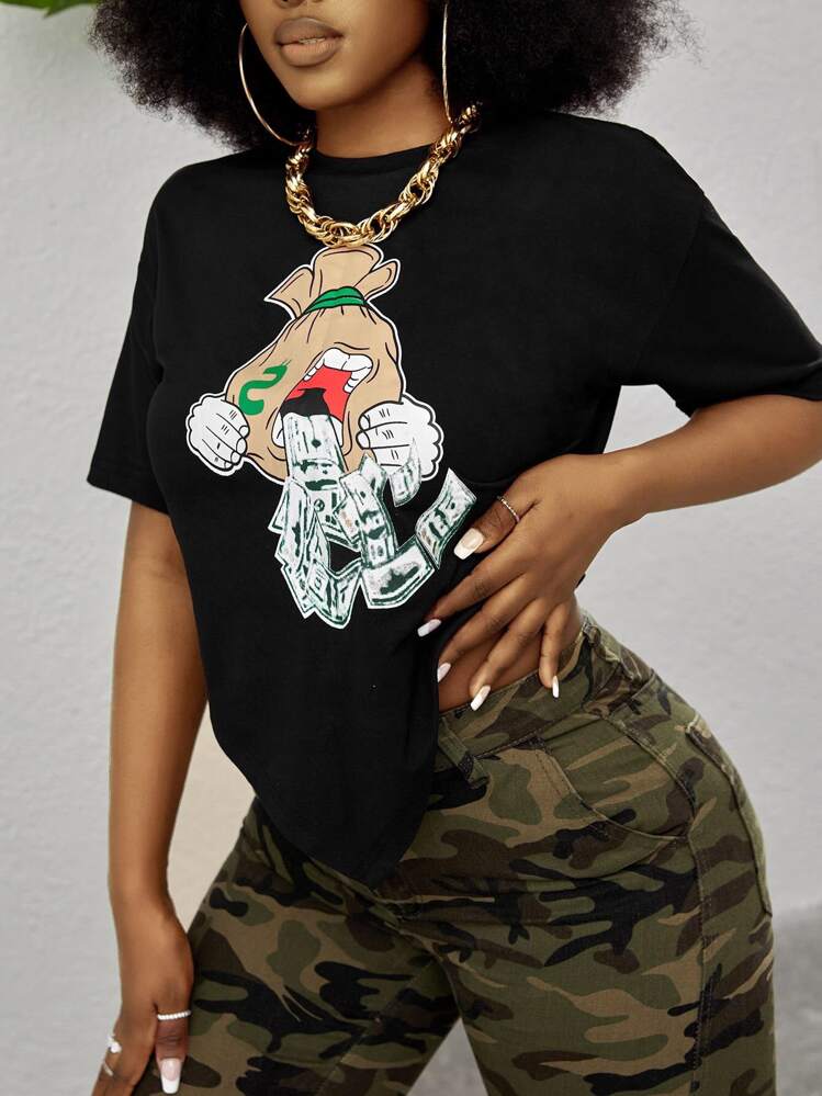 Slaydiva Cash & Cartoon Graphic Drop Shoulder Tee - Black - View 1