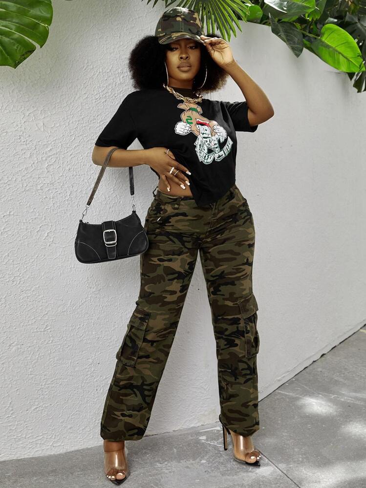 Slaydiva Cash & Cartoon Graphic Drop Shoulder Tee - Black - View 4