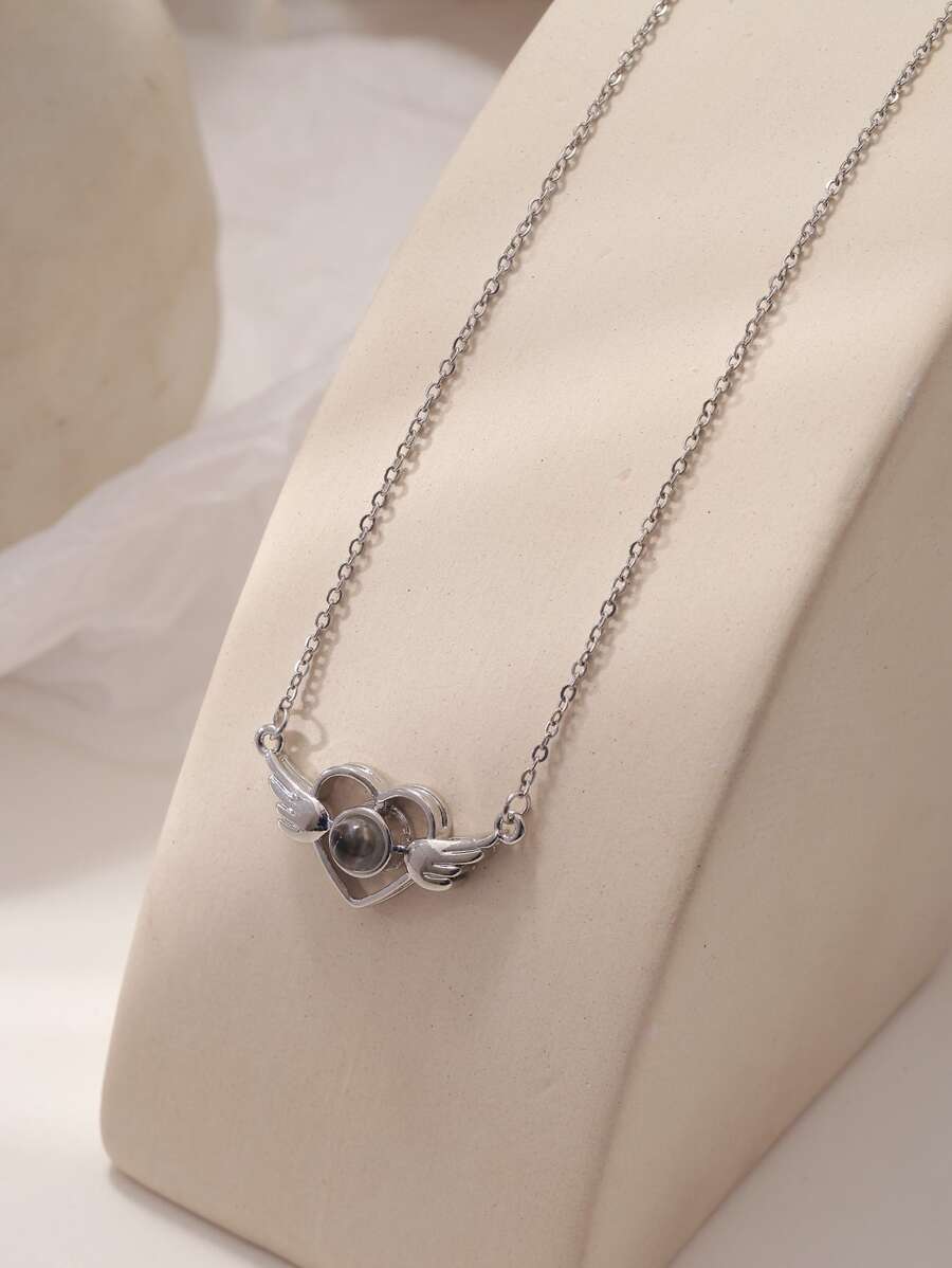 心和翅膀吊墜項鍊 - 銀色 - 查看 1