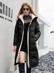 ZIAI Zip Up Hooded Belted Padded Coat - Black - View 1