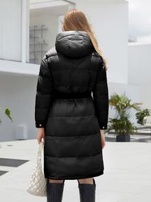 ZIAI Zip Up Hooded Belted Padded Coat - Black - View 2