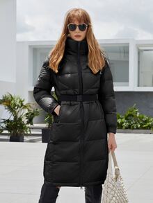 ZIAI Zip Up Hooded Belted Padded Coat - Black - View 4