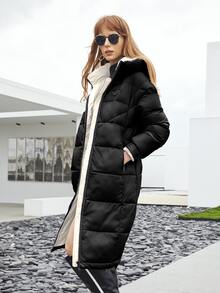 ZIAI Zip Up Hooded Belted Padded Coat - Black - View 5