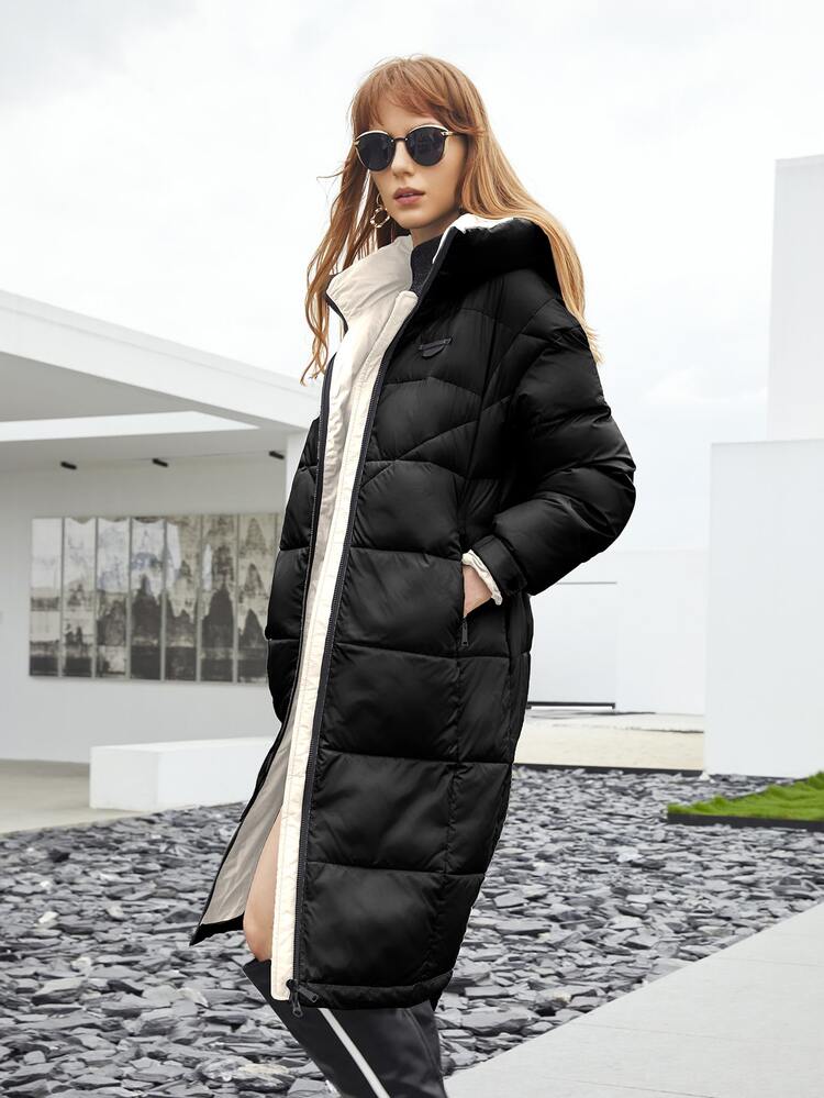 ZIAI Zip Up Hooded Belted Padded Coat - Black - View 5