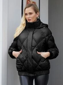 ZIAI Áo khoác nữ mùa đông Túi Dây kéo màu trơn Giải trí - màu đen - Xem 1