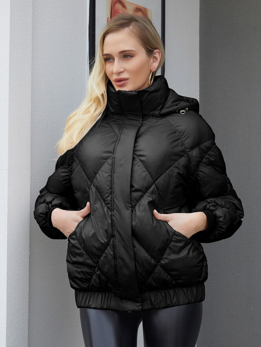 ZIAI Áo khoác nữ mùa đông Túi Dây kéo màu trơn Giải trí - màu đen - Xem 1