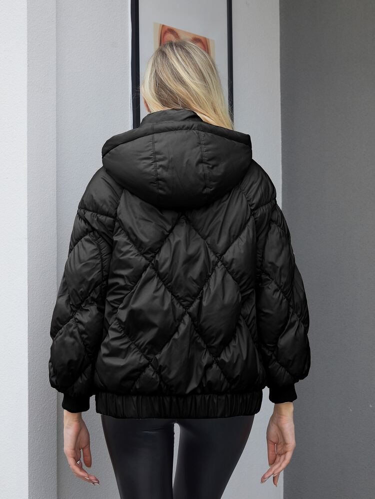 ZIAI 拉鏈開襟連帽絎縫外套 - 黑色 - 查看 2