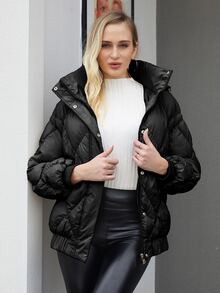 ZIAI Áo khoác nữ mùa đông Túi Dây kéo màu trơn Giải trí - màu đen - Xem 5