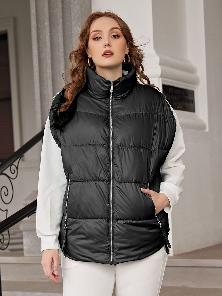Plus Zip Up Puffer Vest Coat - Black - View 1