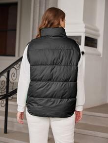 Plus Zip Up Puffer Vest Coat - Black - View 2