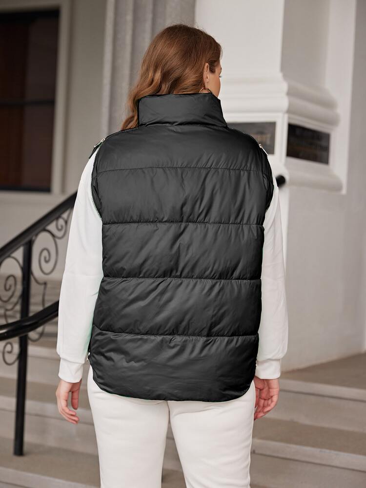 Plus Zip Up Puffer Vest Coat - Black - View 2
