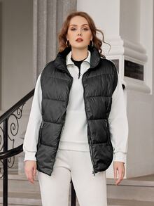 Plus Zip Up Puffer Vest Coat - Black - View 4