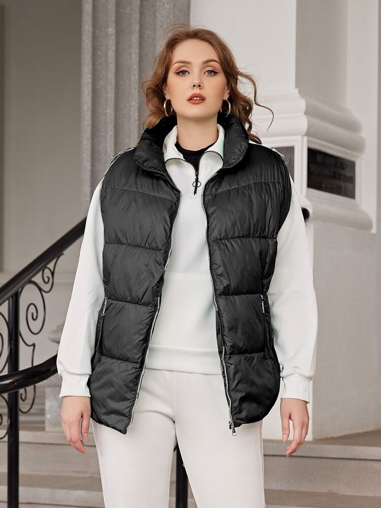 Plus Zip Up Puffer Vest Coat - Black - View 4