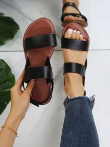 Cool Outdoors Flat Shoes for Women, Twin Strap Artificial Leather Open Toe Slingback Sandals - Black - View 1