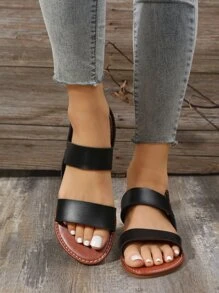 Cool Outdoors Flat Shoes for Women, Twin Strap Artificial Leather Open Toe Slingback Sandals - Black - View 2