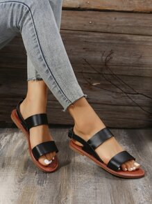 Cool Outdoors Flat Shoes for Women, Twin Strap Artificial Leather Open Toe Slingback Sandals - Black - View 7