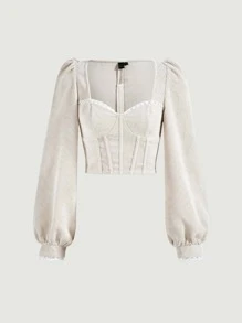 SHEIN MOD Áo sơ mi nữ Tương phản ren màu trơn Retro - Màu be - Xem 2