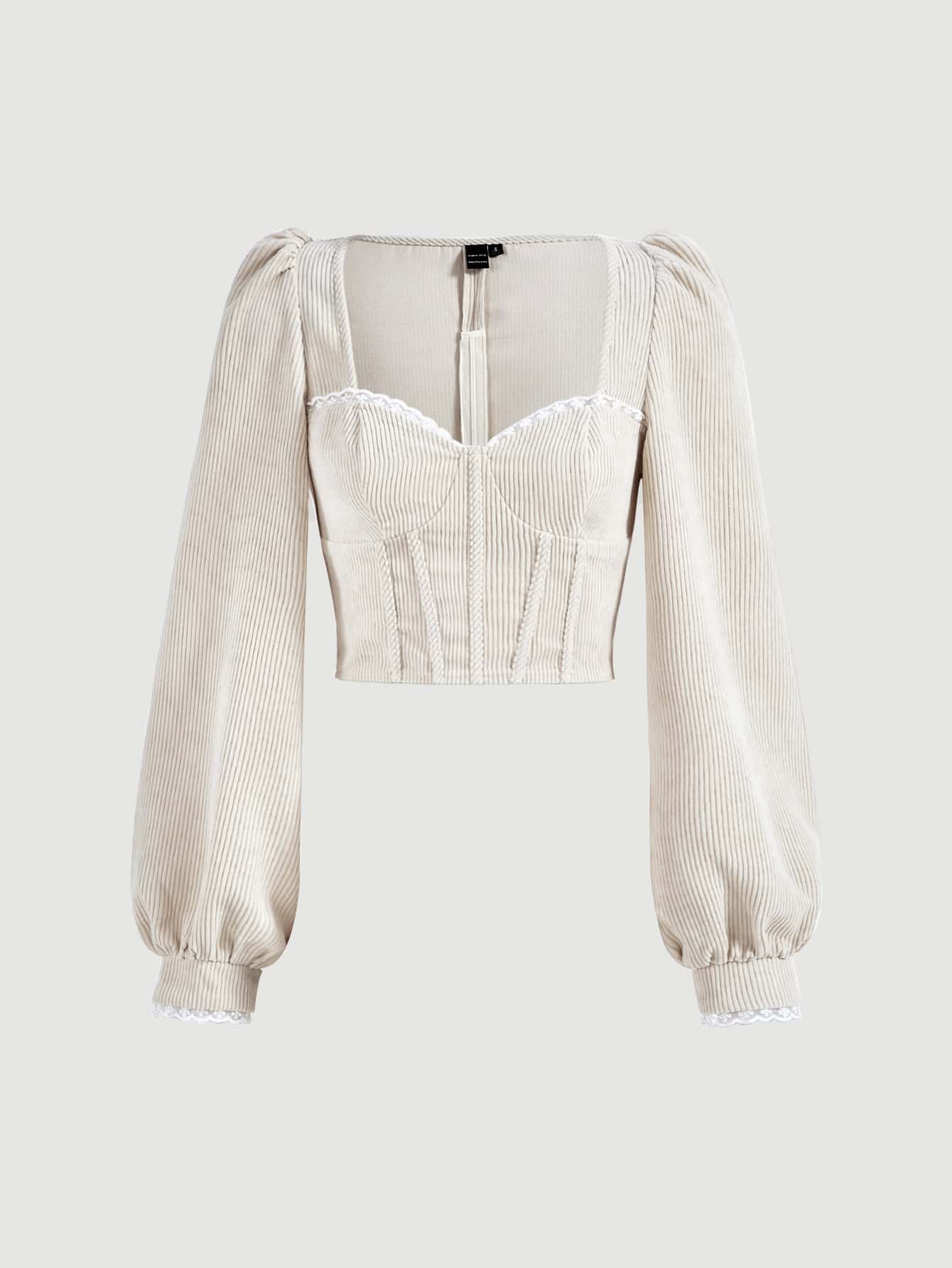 SHEIN MOD Áo sơ mi nữ Tương phản ren màu trơn Retro - Màu be - Xem 2