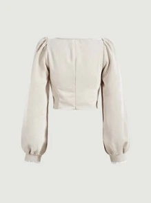 SHEIN MOD Áo sơ mi nữ Tương phản ren màu trơn Retro - Màu be - Xem 6