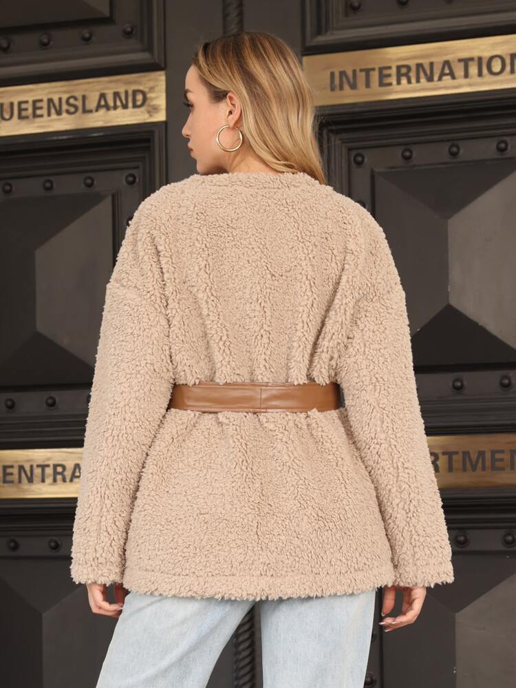 ZIAI Open Front Flap Detail Teddy Coat With Belt - Khaki - View 2