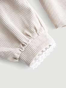 SHEIN MOD Áo sơ mi nữ Tương phản ren màu trơn Retro - Màu be - Xem 5