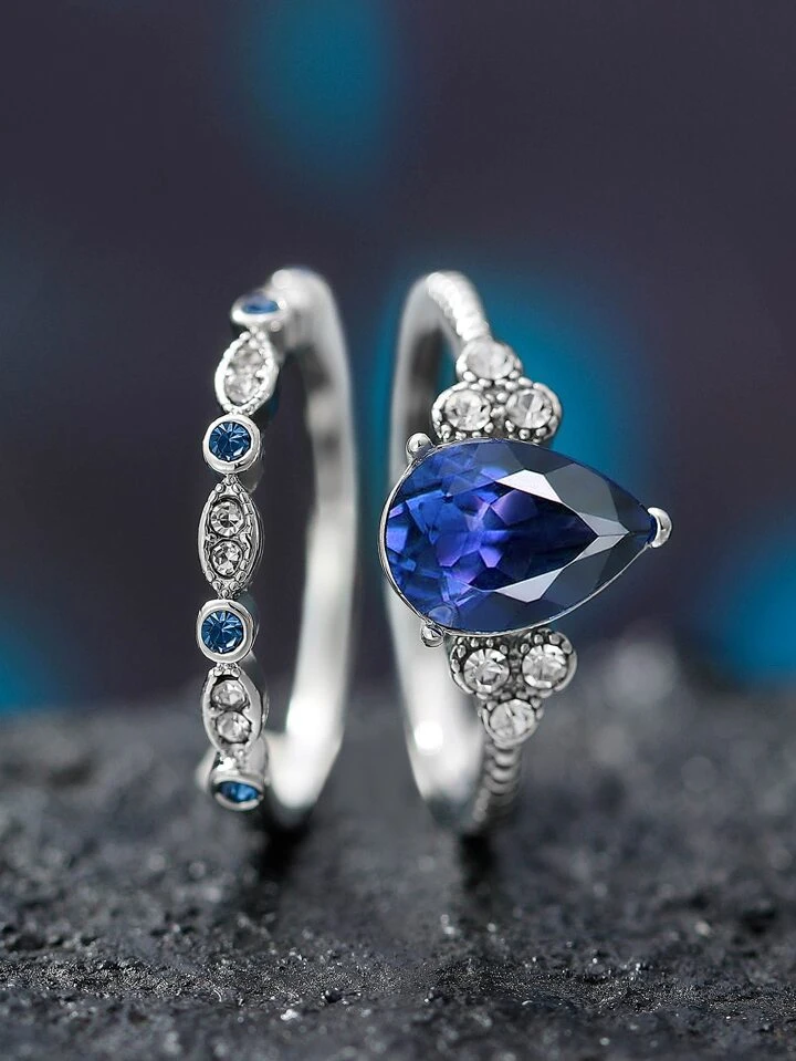 2pcs Cubic Zirconia Water drop Decor Ring SHEIN