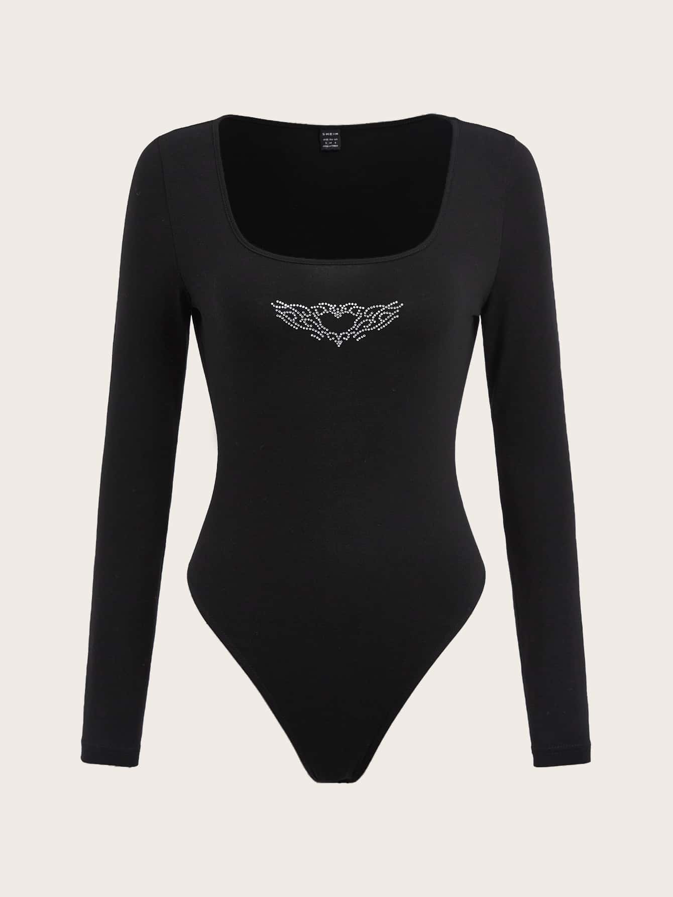 SHEIN EZwear Rhinestone Heart & Wings Pattern Square Neck Bodysuit SHEIN UK