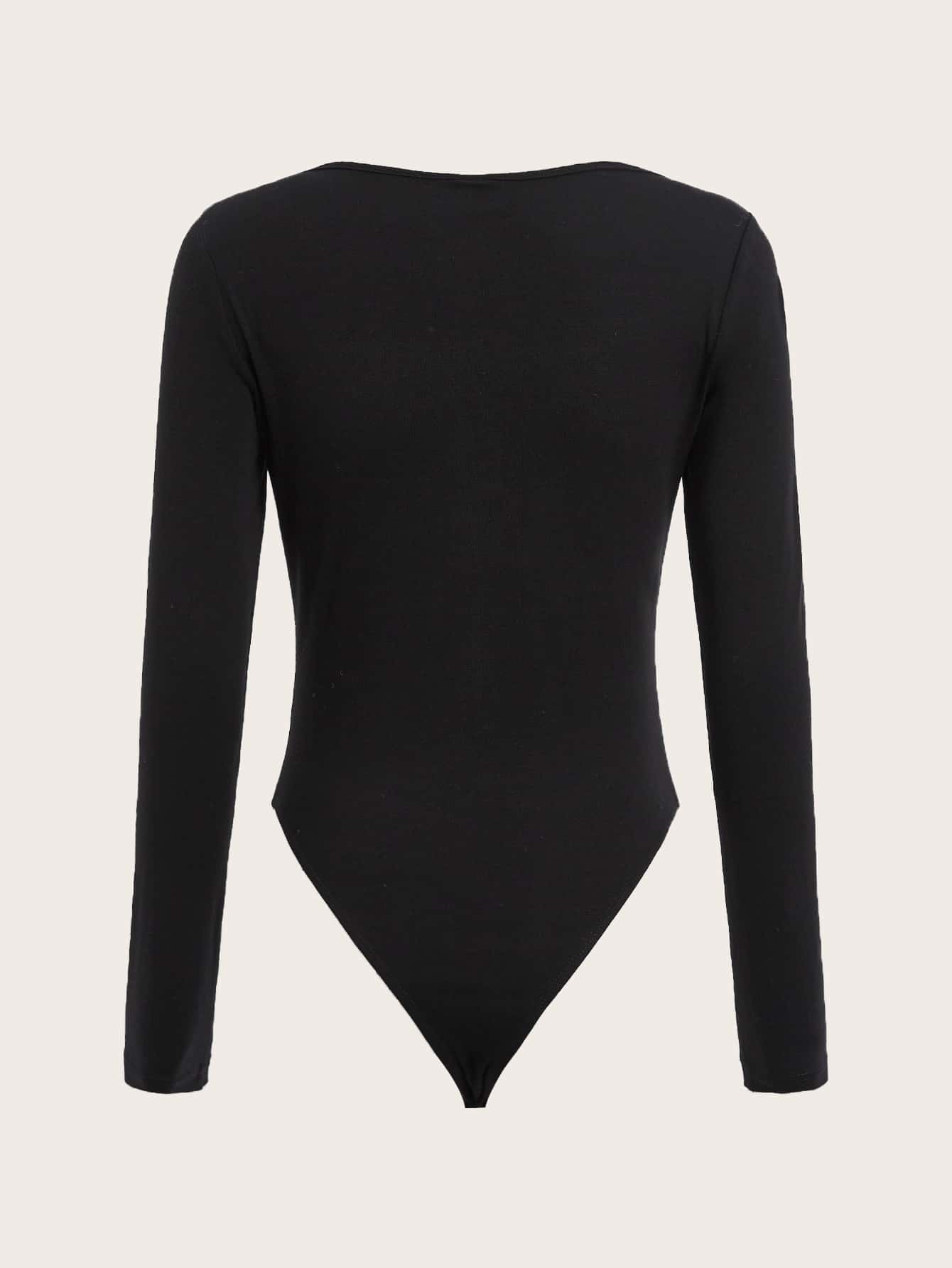 SHEIN EZwear Plus Rhinestone Detail Square Neck Bodysuit/Valentine's Day - Black - View 2