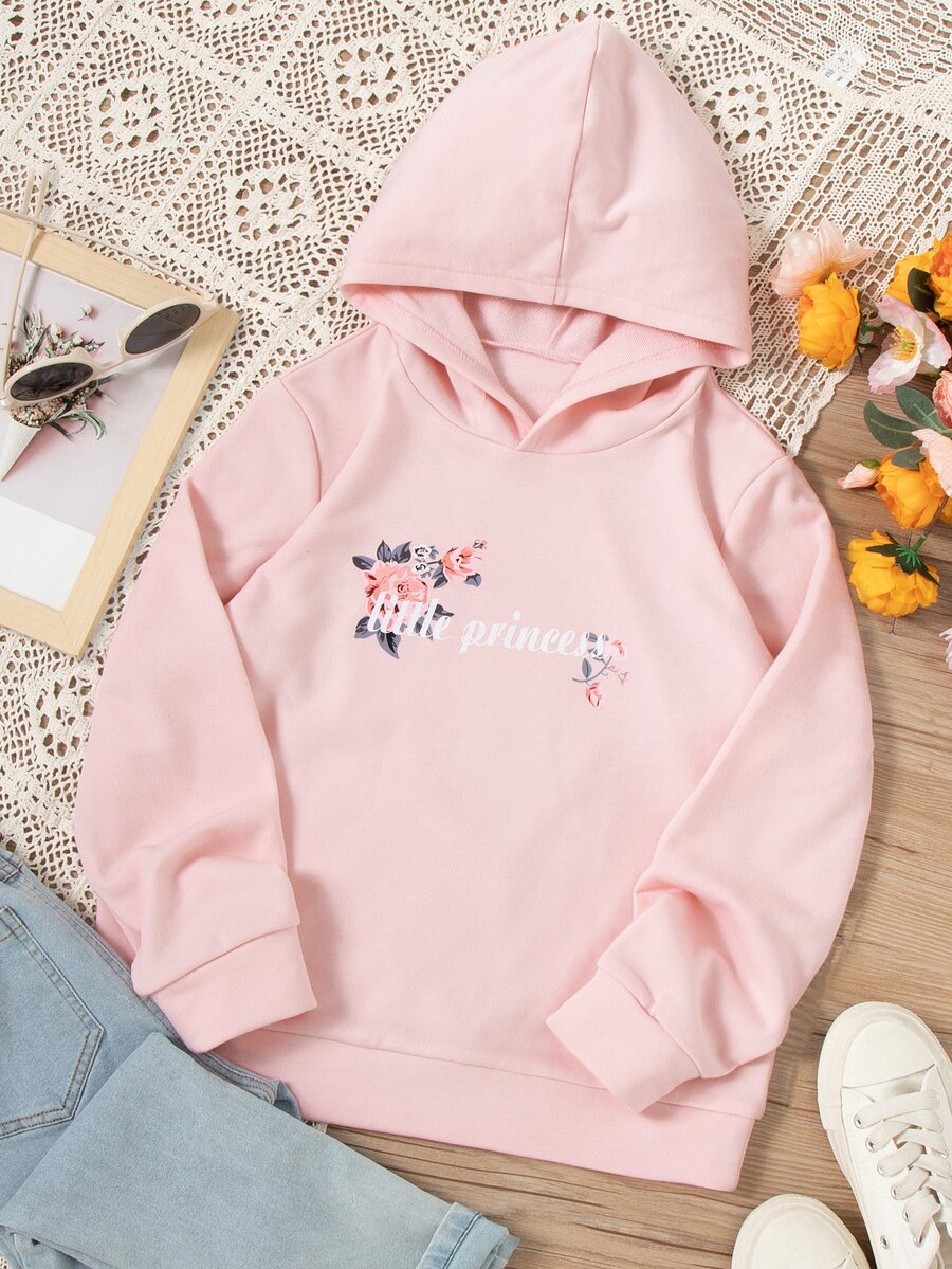 Tween Girl Letter & Floral Print Sweatshirt - Baby Pink - View 1