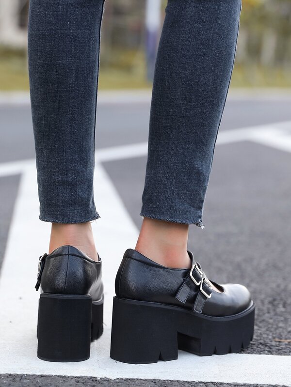 Square Buckle Detail Flatform Mary Jane Shoes SHEIN USA