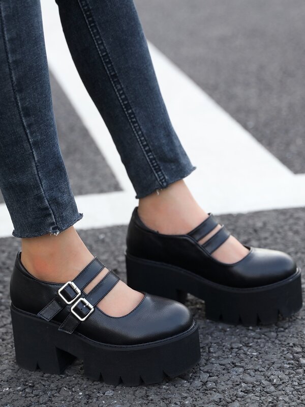 Square Buckle Detail Flatform Mary Jane Shoes SHEIN USA