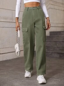 Flap Pocket Side Knot Front Cargo Jeans - Army Green - View 3