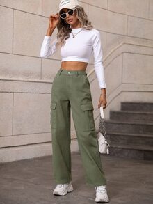 Flap Pocket Side Knot Front Cargo Jeans - Army Green - View 4